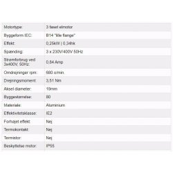 El-motor 0,25kw  80-8 B14 400V, FL 80 B14 700 o/min