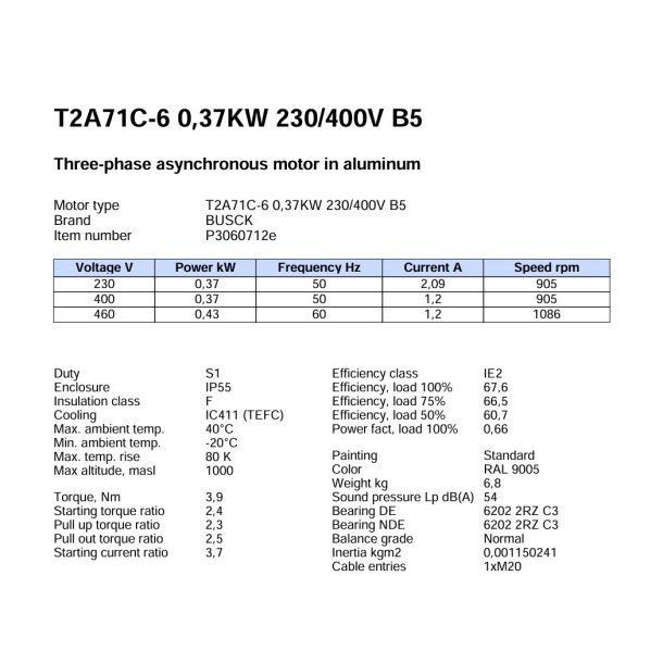 El-motor 0,37kw  71-6 B5 400V, FL 71 B5 0900 o/min
