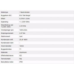 El-motor 0,37kw  71-4 B14 230V, FL 71 B14 1400 o/min