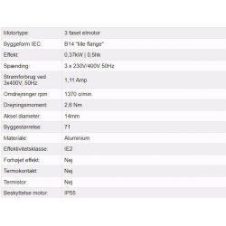 El-motor 0,37kw  71-4 B14 400V, FL 71 B14 1400 o/min