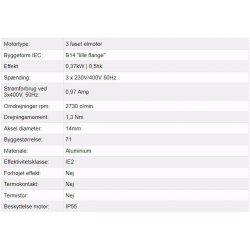 El-motor 0,37kw  71-2 B14 400V, FL 71 B14 2800 o/min
