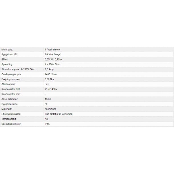 El-motor 0,55kw  80-4 B5 230V, FL 80 B5 1400 o/min