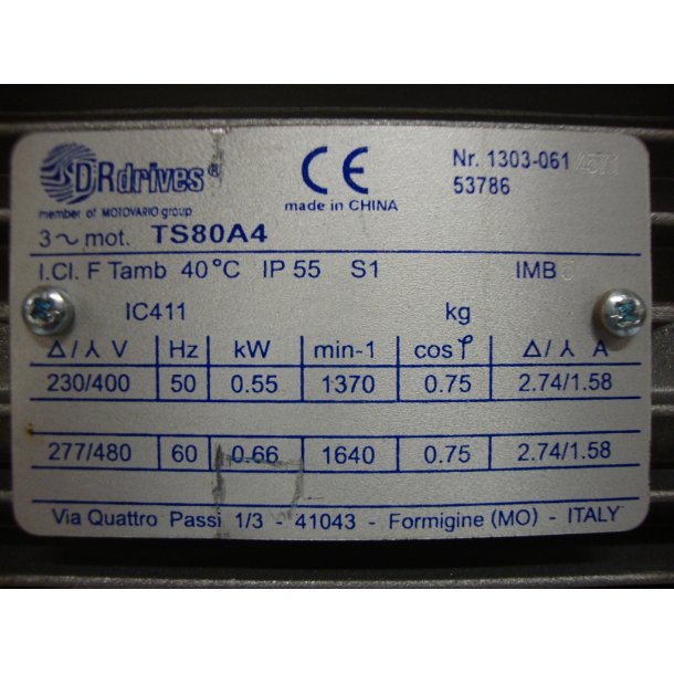 El-motor 0,55kw  80-4 B5 400V, FL 80 B5 1400 o/min