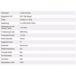 El-motor 0,55kw  71-2 B14 400V, FL 71-B14 2800 o/min