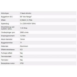 El-motor 0,55kw  71-2 B5 400V, FL 71-B5 2800 o/min