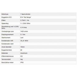 El-motor 0,75kw  80-4 B14 230V, FL 80 B14 1400 o/min