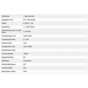 El-motor 0,75kw  80-4 B14 230V, FL 80 B14 1400 o/min