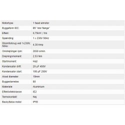 El-motor 0,75kw  80-2 B5 230V, FL 80 B5 2800 o/min