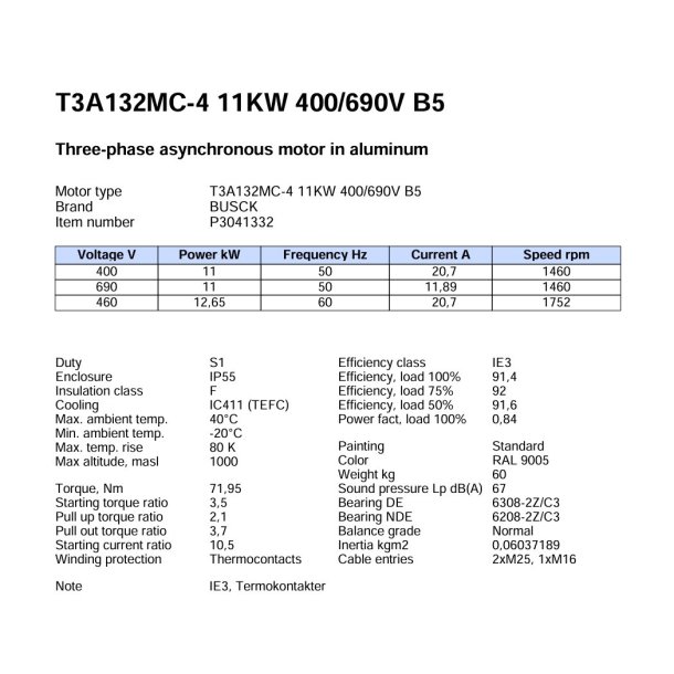 El-motor 11kw 132-4 B5 400V, Fl 132B5 1400 o/min