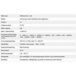 Differenstryktransmitter med display, +/- 1000Pa 0-10V