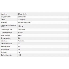 El-motor 2,2kW 90-2 B3 400V, Med fod, for r�gsuger
