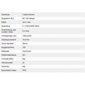 El-motor 3,0kw 100-4 B5 400V, FL 100 B5 1400 o/min