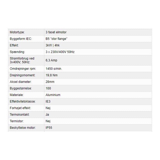 El-motor 3,0kw 100-4 B5 400V, FL 100 B5 1400 o/min