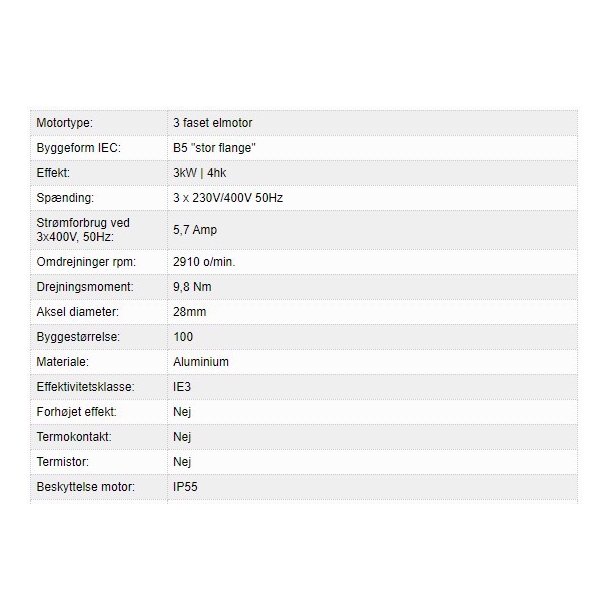 El-motor 3,0kw 100-2 B5 400V, FL 100 B14 2800 o/min