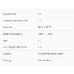 Simmerring 45 X 75 X 10, Indgangsaksel L�nne 085