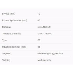 Simmerring 65 X 85 X 10, Udgangsaksel NMRV 110 (DM)